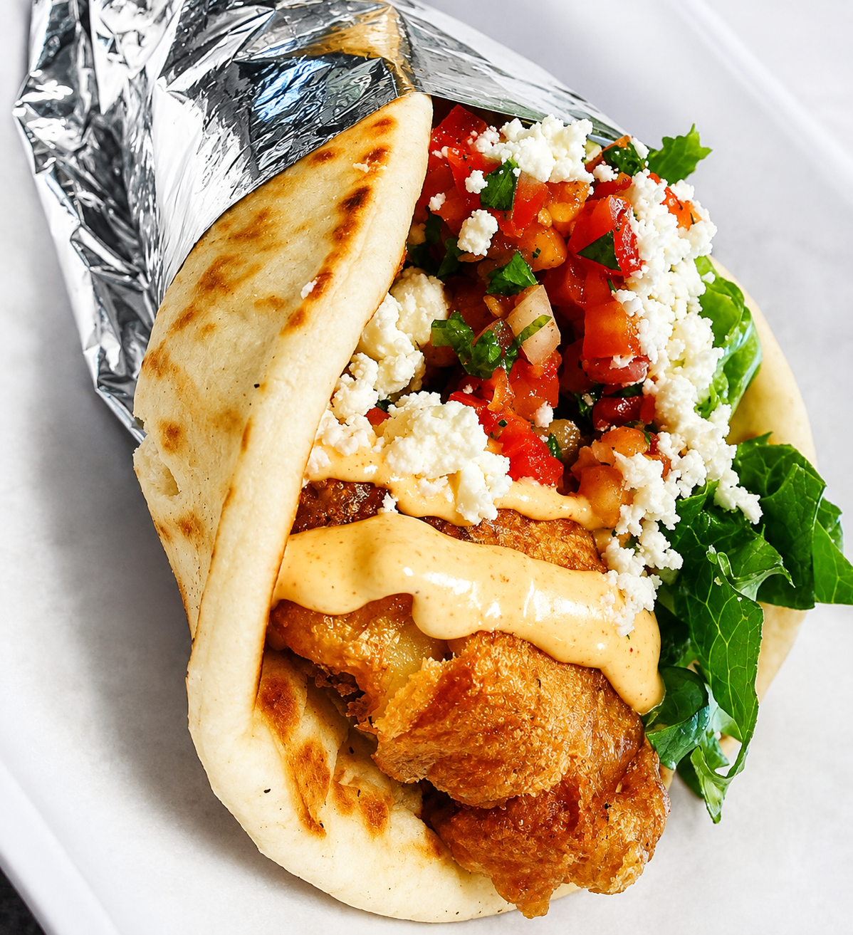 Fresh pita filled with crispy chicken, vegetables and feta